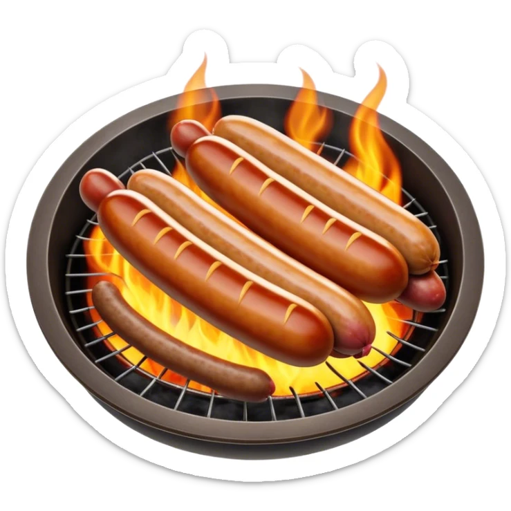 Cinematic Realistic Sausage Sizzle Dish Emoji, featuring sizzling sausages cooking over an open flame rendered with dynamic textures and warm, smoky lighting. sticker