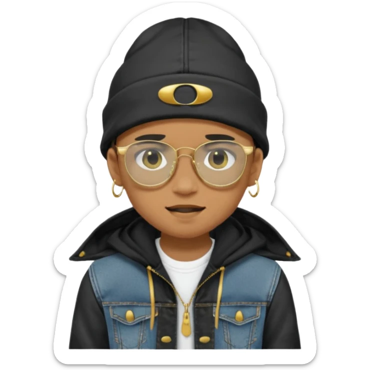 un emoji de un chico emcapuchado, con gorro kalenji, dientes de oro, com uma jaqueta denim tears preta e uns oculos da oakley sticker