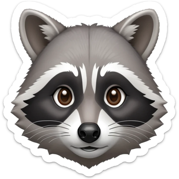 Cinematic-Noble-Raccoon-Portrait-Emoji – Poised and confident, with a sturdy build and a beautifully textured fur of silver-grey accented by dark black facial markings, deep-set, intelligent brown eyes, simplified yet sharp and sophisticated zoom out to show shoulders sticker