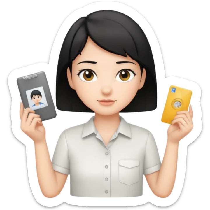 A young guide with short black hair and fair skin is wearing a white shirt, showcasing her license with both hands, which is horizontal. sticker