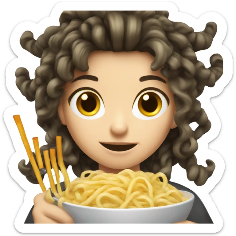 Caucasian girl with dark spiky hair eating noodles sticker