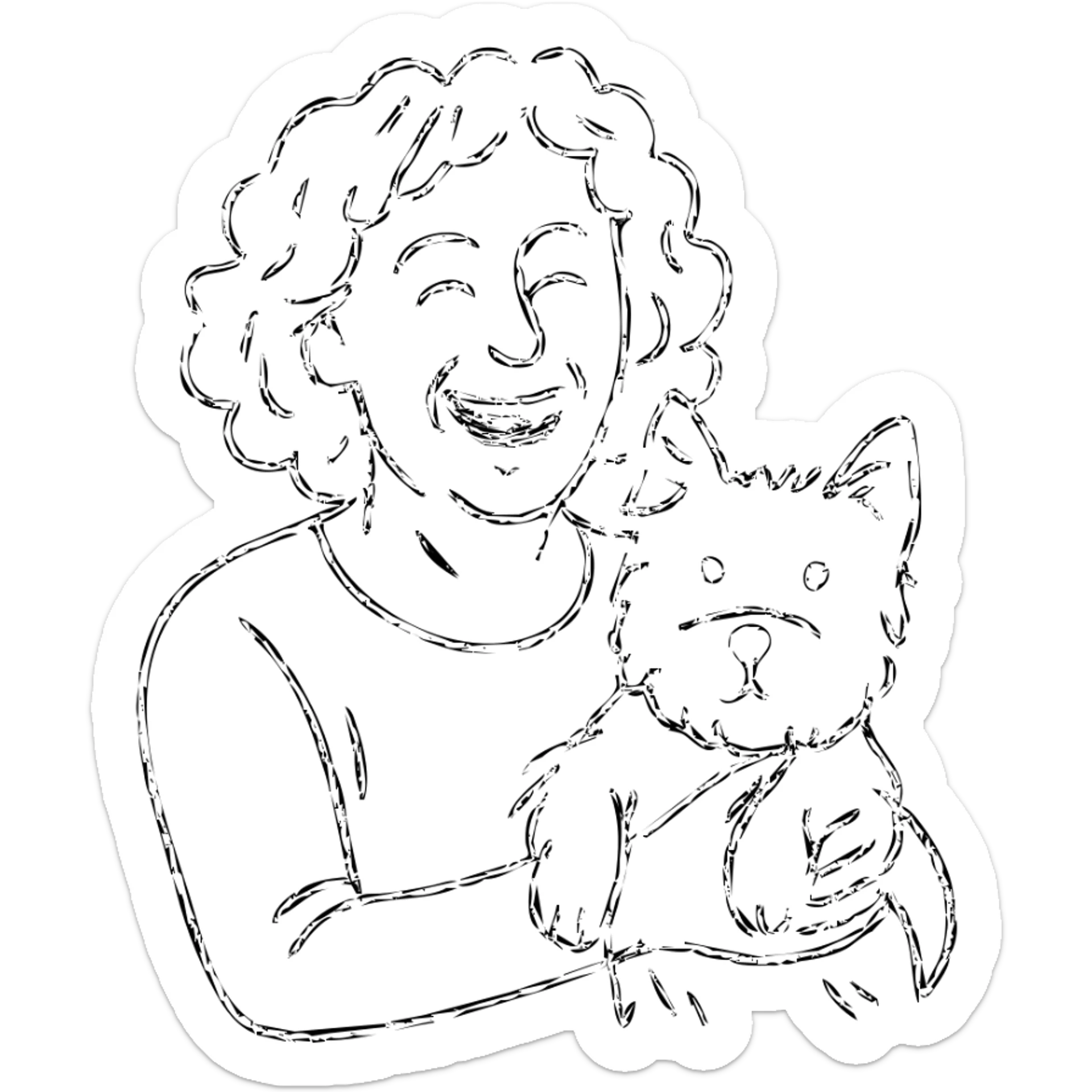 50-year-old woman with silver curly hair, laughing, holding a Westie dog, hand drawn outlined icon sticker