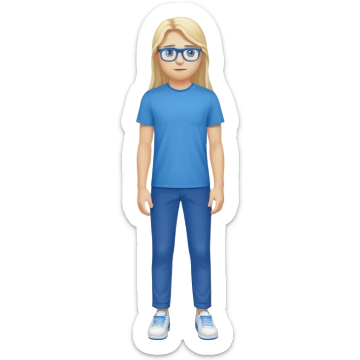 Cheveux  blond long,yeux bleu  t-shirt bleu pantalon bleu chaussure blanc lunettes blanches sticker