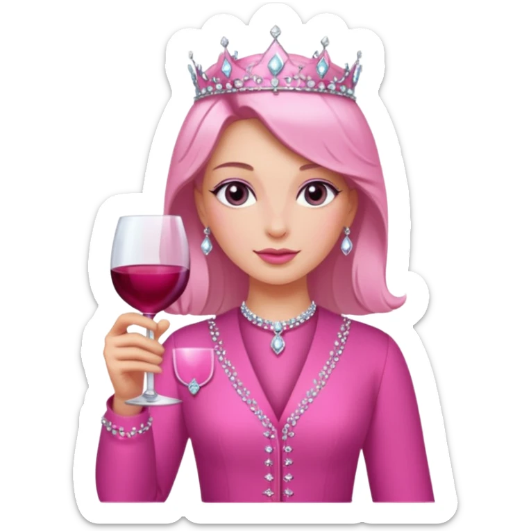Royal person with pink outfit holding a bedazzled pink wine glass sticker