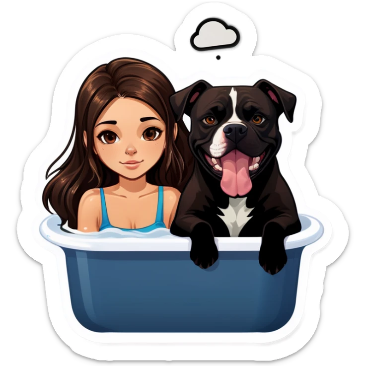Beautiful young girl just slightly overweight with long dark choppy hair cascading over her shoulders holding her black iPhone with her medium brown dog with an under bath. It looks like a pitbull laying beside her. sticker