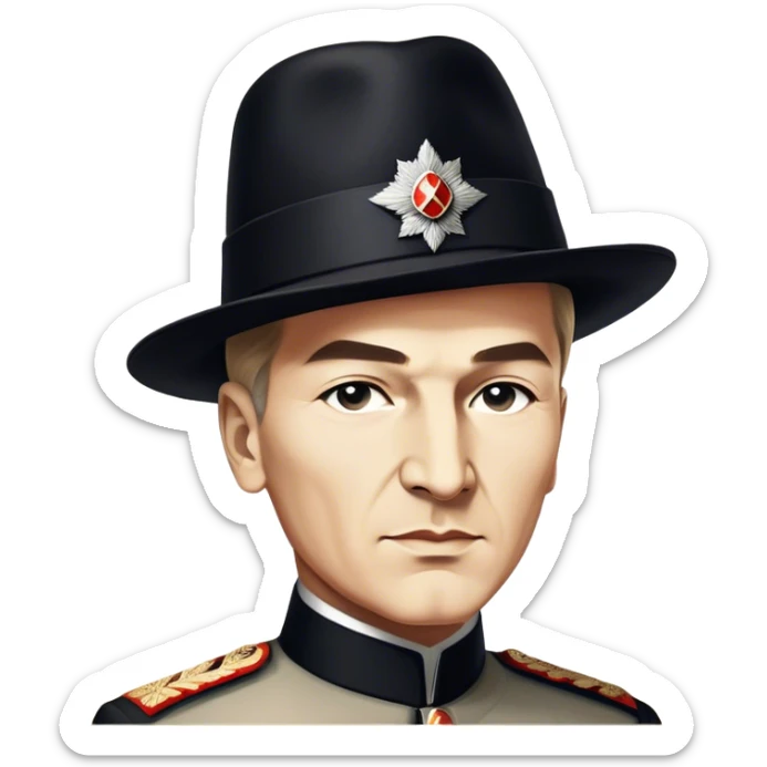 ​Cinematic Realistic Portrait of a Young Mustafa Kemal Atatürk, depicted in his iconic tall black hat and traditional attire with a confident, visionary expression, rendered with rich historical textures and warm, inspiring lighting that captures his youthful dynamism and transformative leadership, sticker