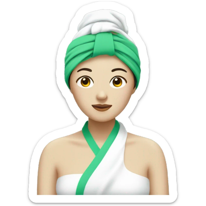 Asian woman wearing towel and towel in her head and a beauty green mask sticker
