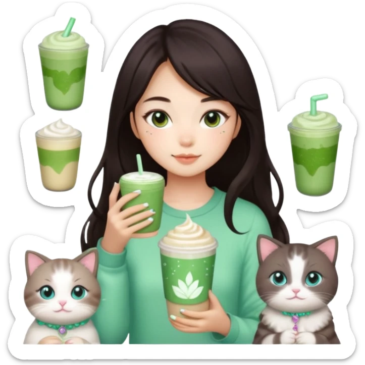 asian girl with shoart dark brown hair with a soft girl glowup aesthetic. matcha latte sparkles girly things, 2 ragdoll cats, skincare, makeup sticker