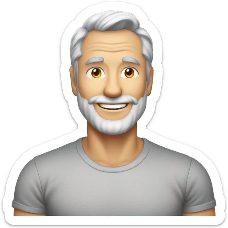 mid 50s dad, grinning, muscular, with beard, grey hair, portrait, wearing v necj t shirt sticker