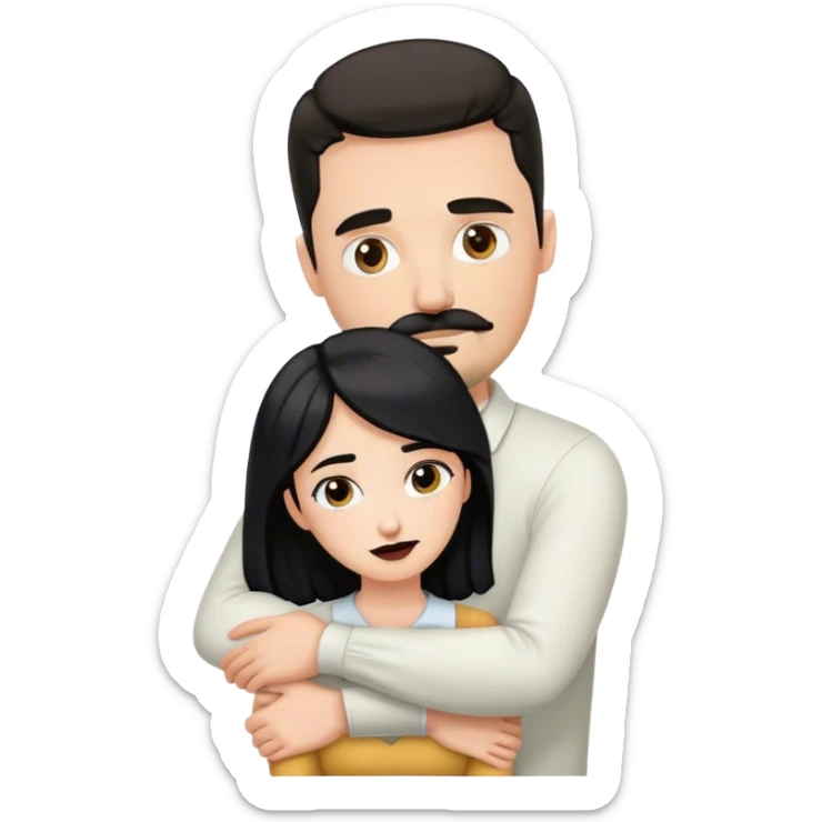 Tall white man with dark brown mustache and goatee hugging a short pale woman with long black hair sticker
