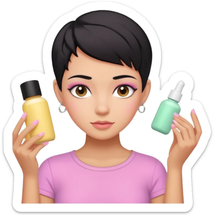 tan girl pink shirt with black hair & a pixie, cut no earrings, doing pastel colors skin care sticker