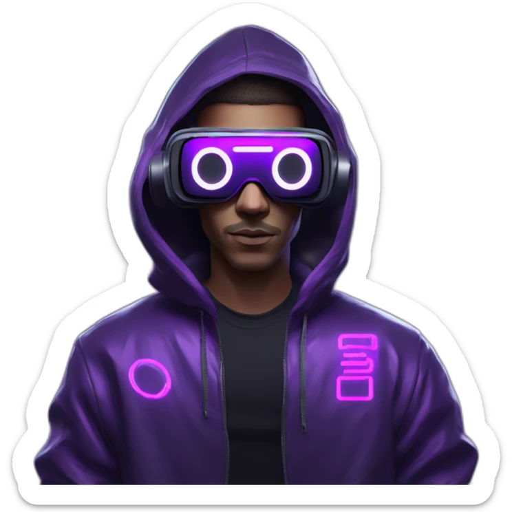 Cyberpunk style. Violet neon. Man with white-light skin in the black hoody with violet OMG VR logo on it wearing vr headset oculus quest 2 sticker