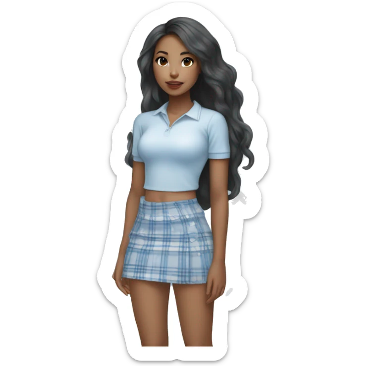 Pretty mixed Asian black girl with long wavy hair wearing a baby blue and white plaid mini skirt  sticker
