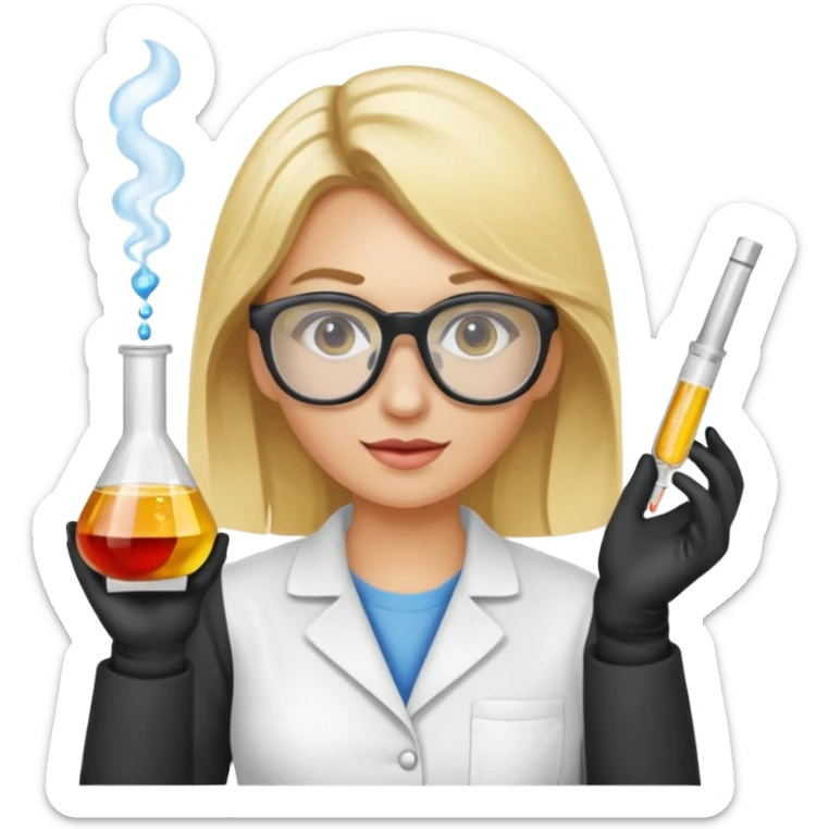 Eine hellblonde Chemikerin mit typischem Erlmeyerkolben in der Hand und Laborbrille auf sticker