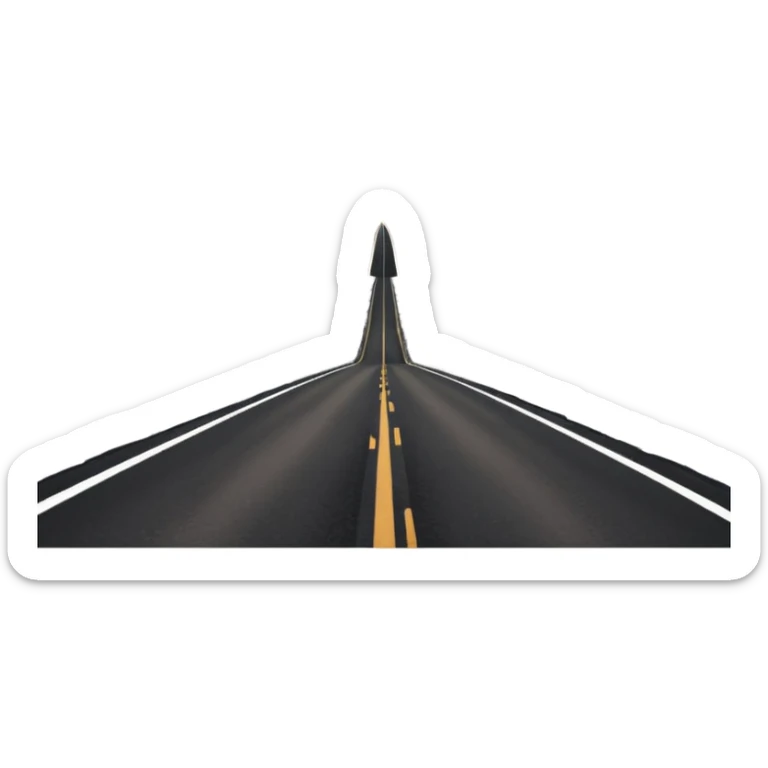 A long straight dirt road that disappears into the horizon half way up the screen from the perspective of someone sitting in the middle of the road looking down it. Flat snow fields on both sides of the road with huge looming mountains above the roads horizon line. sticker