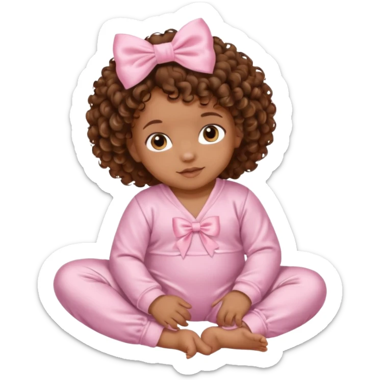 Brown skin 6 month old baby with brown curly hair down laying down with satin baby pink onesie and white bow sticker