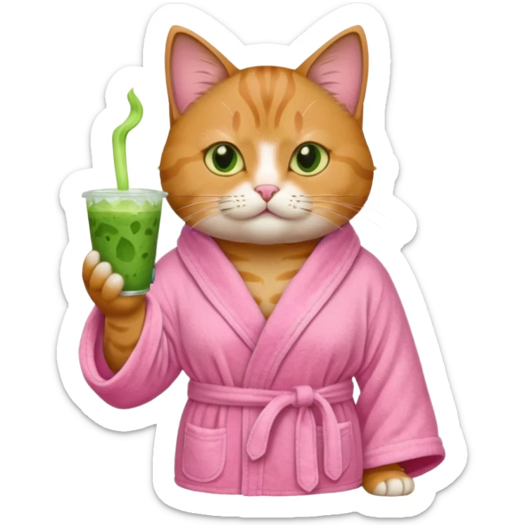 I want a CAT whit a iced macha on her paw and i want her to ne wearing a pink bath rope sticker