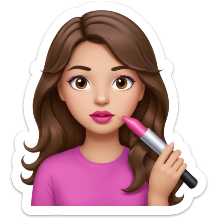 girl with long wavy brown hair, brown eyes, light to medium complexion, in a pink shirt, pink lips, long lashes, puckered lips, putting on lipstick sticker