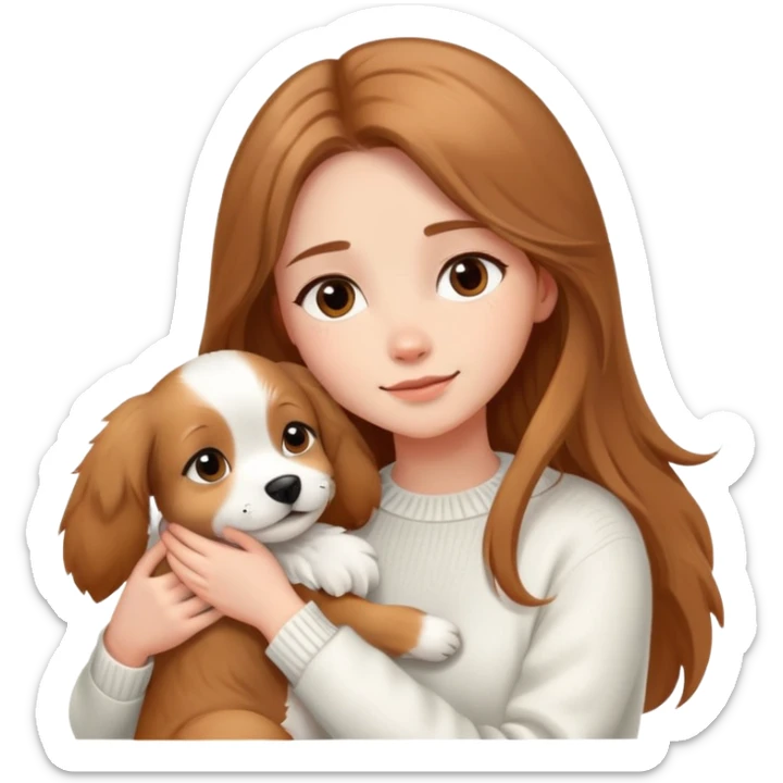 a girl with long light brown hair, in a white sweater, hugs a cute one dog. sticker