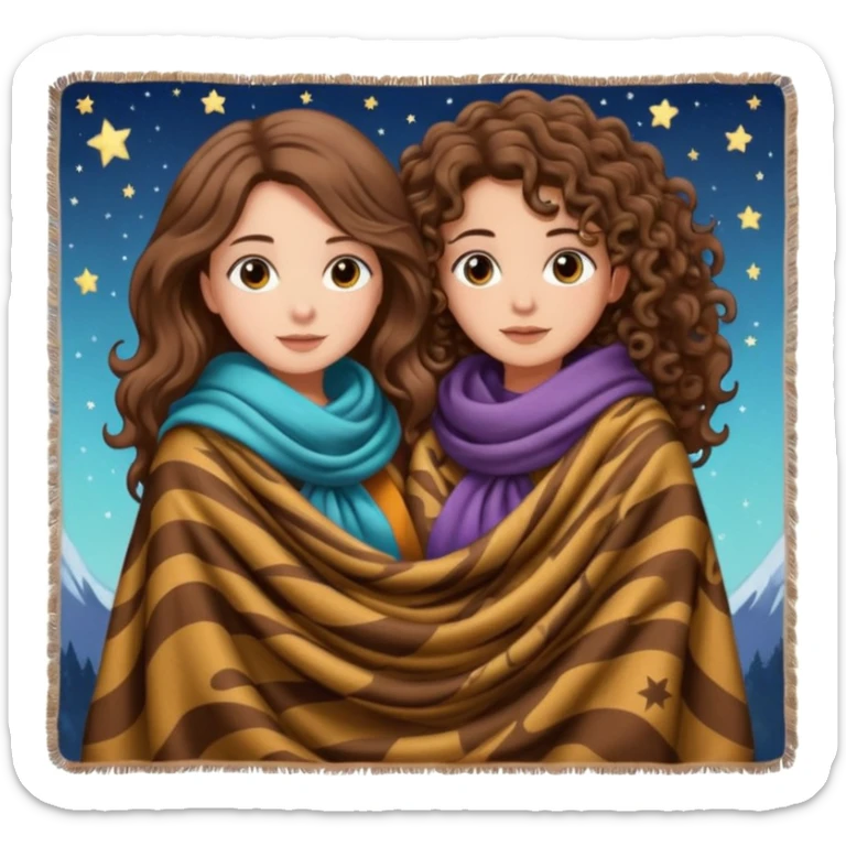 star blanket scene — long wavy brown hair tattooed woman and short tight curly brown hair woman — sharing oversized scarf blanket sticker