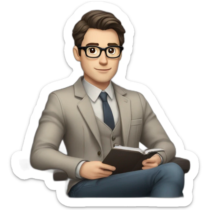 Pale skinned Fit Man With dark brown hair in gray jacket with emblem Ψ, beige office shirt and vintage glasses sitting In a chair with a notebook and a pen in his hands sticker
