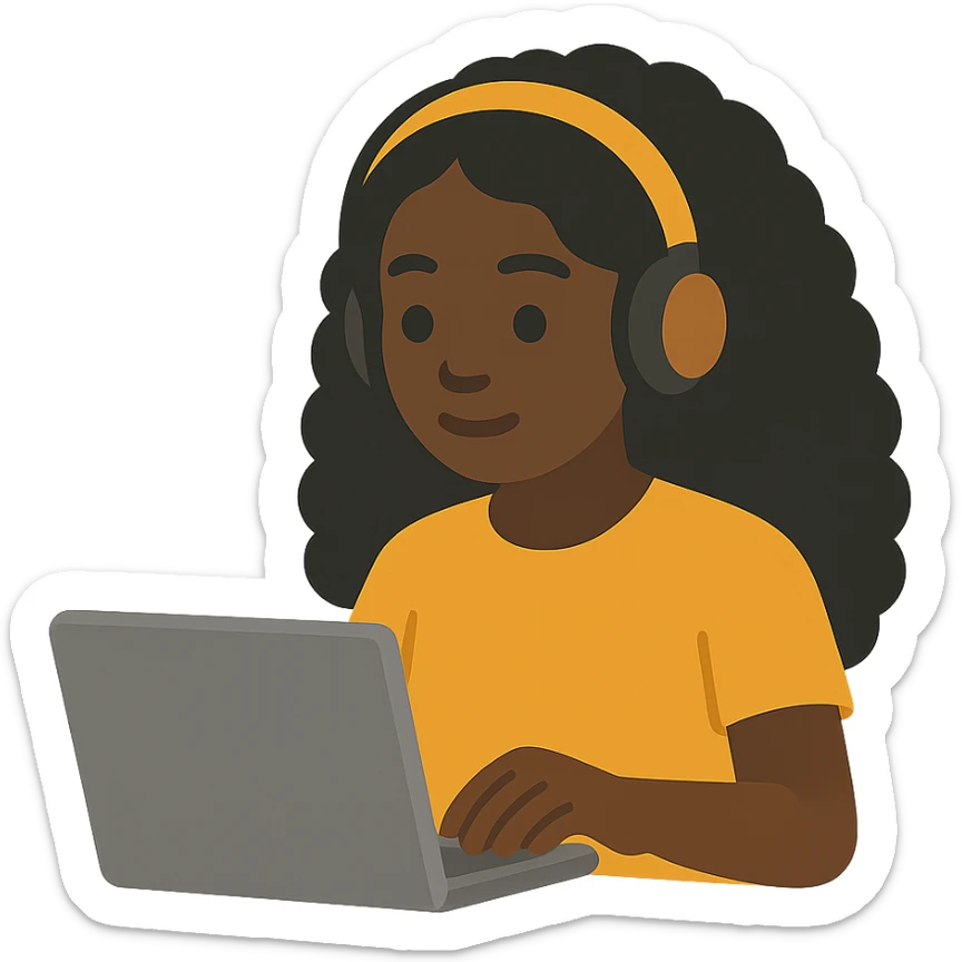 dark skin African American girl, long curly black hair, yellow shirt, headphones, typing at a laptop, flat vector style sticker
