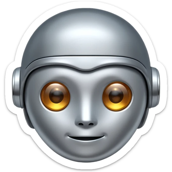 A cute futuristic robot emoji made of silver chrome, rounded friendly body, minimal facial features, glossy metallic surface, soft reflections, iOS emoji style, centered, clean white background sticker