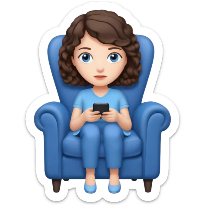 Brunette, blue-eyed woman sitting curled up in chair watching TV  sticker