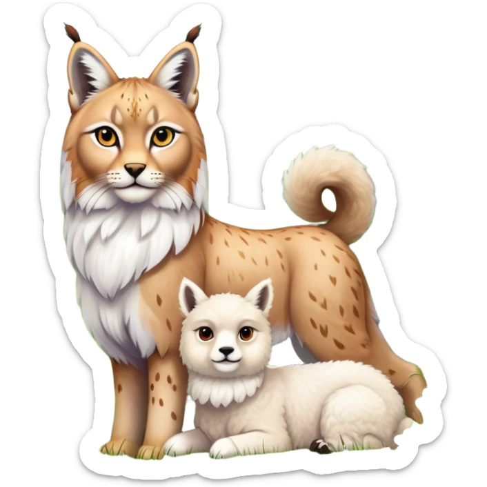 Collage of exotic animals: a lynx with striking eyes, and a fluffy alpaca standing in a lush meadow. The lynx gazes intently while the alpaca looks calm and curious. Surrounded by vibrant plants and flowers. Transparent background for a lively, colorful scene. sticker