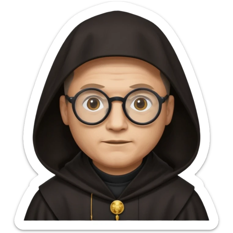 Monk priest prayer black habit with hood round black glasses done light brown wavy hair under hood remove the medallion smaller more round glassed age 46  sticker