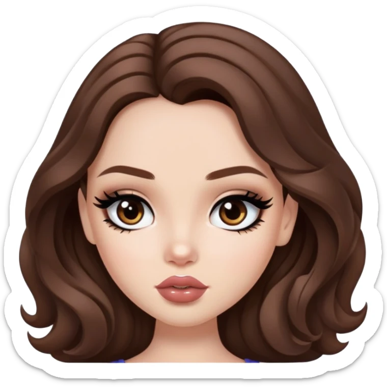 wavy brown hair, pretty lips, pale skin,  dark brown eyes, pretty bratz baddie, black eyeliner sticker