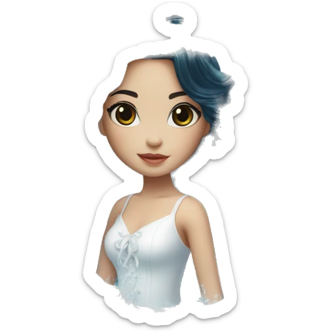 Pretty young Lady doll posing posed pose with long black hair flowers in hair white dress surrounded by flowing water water swirls waves sticker