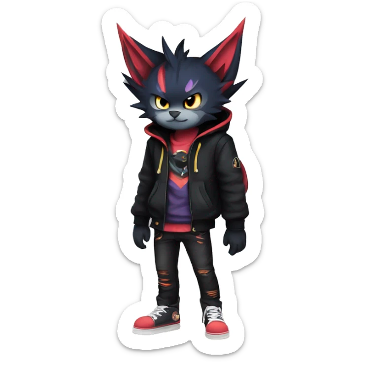 Cool Anthro Black Noibat-Quilava-Litten-Pokémon with edgy stripes hoodie spiked collar punk Full Body sticker