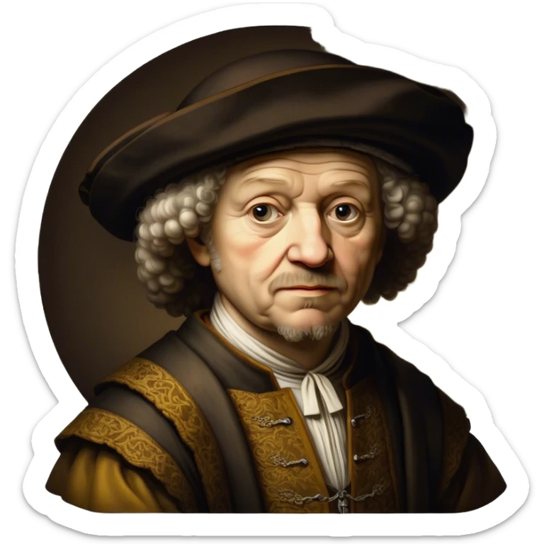 Cinematic Realistic portrait of Rembrandt, shown as a master artist with deep, introspective eyes and richly detailed period clothing, rendered with dramatic chiaroscuro lighting that emphasizes his legacy sticker