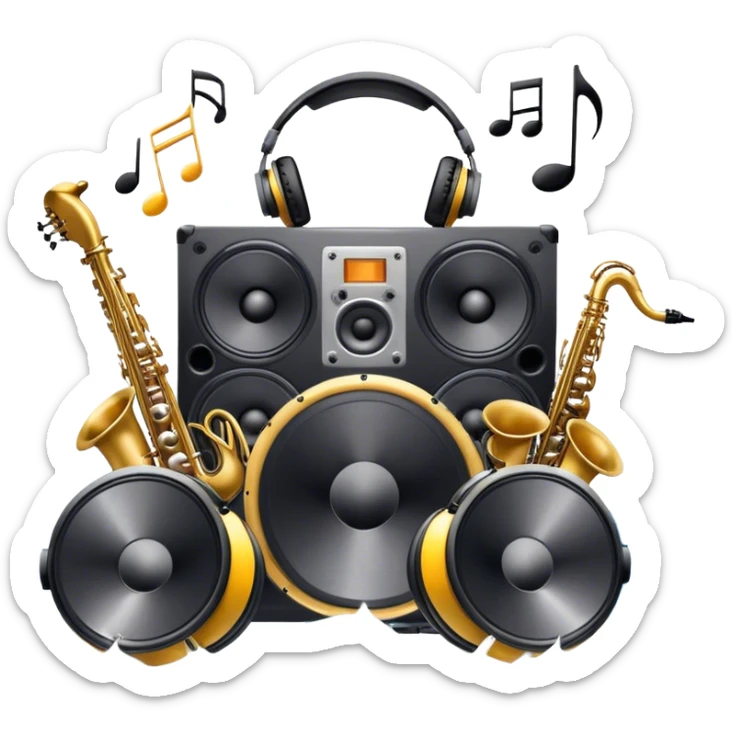 Icon for R&B Music Listening: large concert speakers and headphones with waves of musical notes coming out, along with drums, bass guitar and saxophone. The icon should convey the energetic and rhythmic vibe of R&B music. Transparent background sticker
