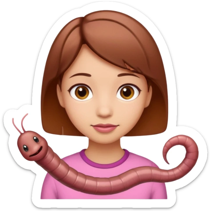 a girl light skin with brown eyes, brown short hair and a worm sticker