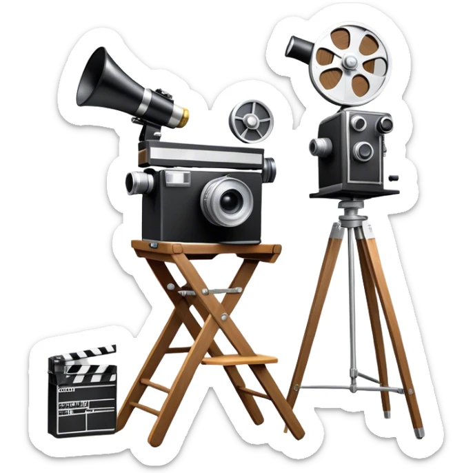 Icon for Directing: a director's chair, a large film camera, a megaphone, a stage set with lights and an Oscar statuette. The icon should represent the creative and leadership aspects of directing, with focus on film and theater production. Transparent background. sticker