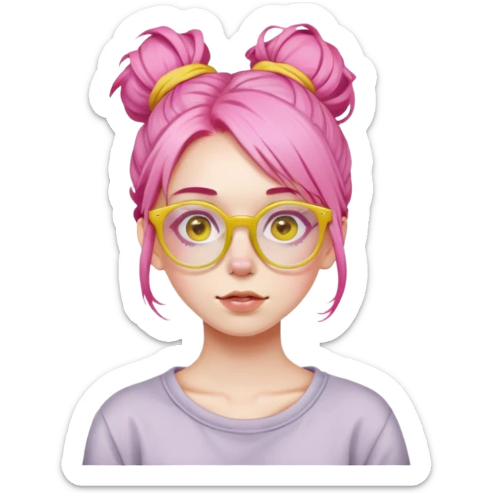Girl with pink hair in a messy bun and yellow glasses sticker