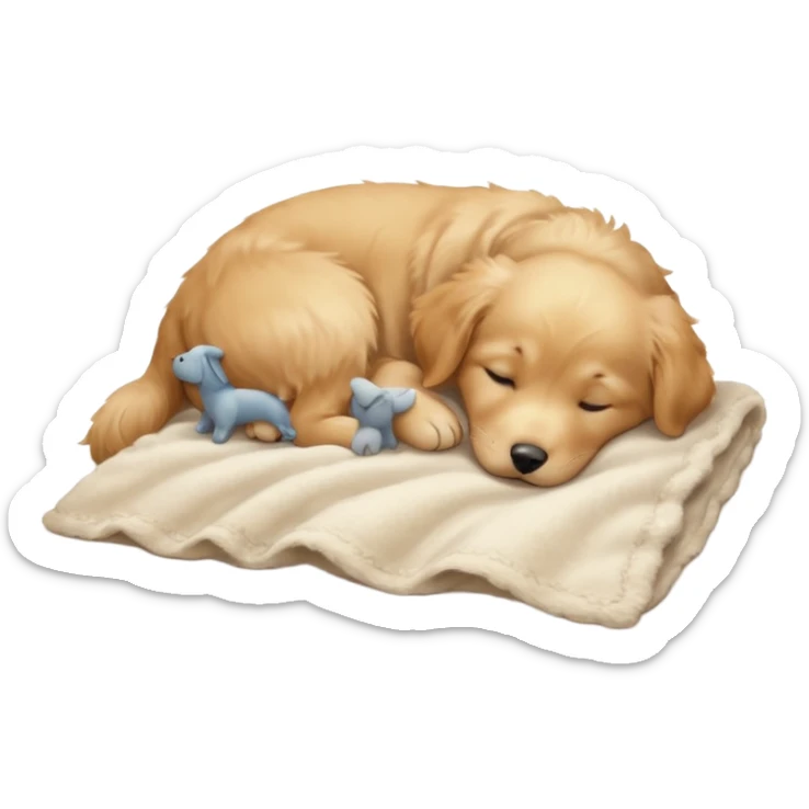 A Golden Retriever puppy sleeping peacefully on a soft blanket indoors. Cozy home environment, natural lighting, soft focus, adorable realism. sticker