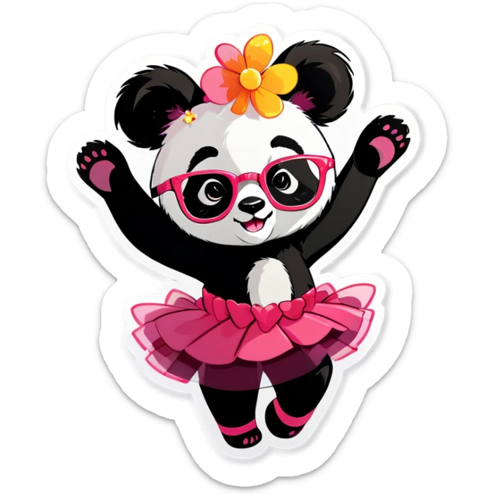  Cute female Panda wearing a tutu and glasses with a flower above 1 ear dancing  sticker