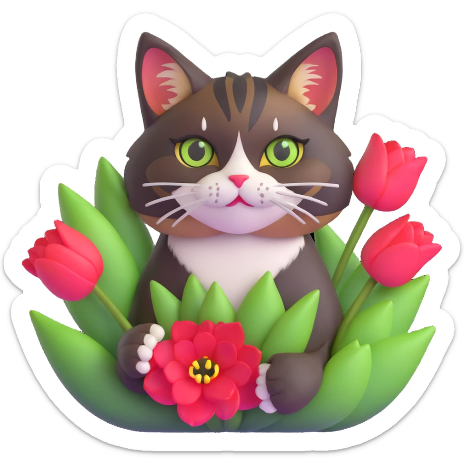 tricolor fluffy cat with big green eyes holding red tulips in her arms sticker