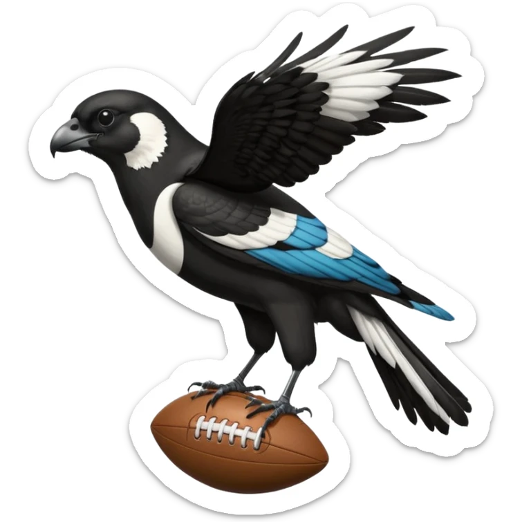 A magpie standing on top of a hawk that's tiered and the magpies holding a afl ball sticker