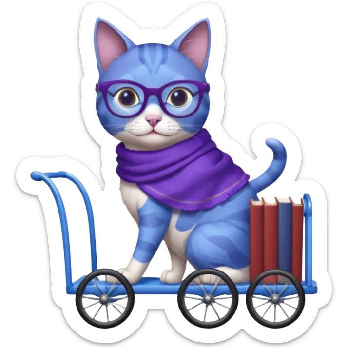 Purple and blue cat, with glasses and a shawl, pushing a 4 wheeled cart full of books sticker