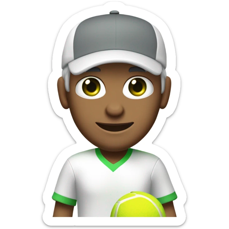 Tennisplayer white-male in his 50s,Green-eyes, gray-hear, white cap and white-shirt with tennis-raquet and tennis-ball sticker