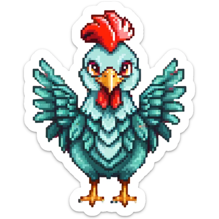 A cute blue-green rooster chicken with big eyes, red comb, small wings, skinny legs, and goofy expression sticker