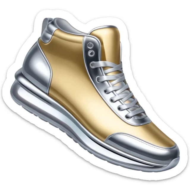 A pair of futuristic sneakers emoji made of silver chrome, sleek streetwear design, smooth metallic panels, subtle reflections, luxury swag aesthetic, iOS emoji style, centered, clean white background sticker