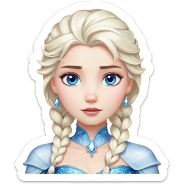 Cinematic Realistic Elsa Portrait, depicted with lifelike skin texture, soft natural lighting, and intricately detailed platinum blonde hair styled elegantly. Her striking, expressive blue eyes exude confidence and grace, complemented by a serene and regal expression. She is dressed in her signature icy attire, with shimmering fabric textures and delicate folds that catch the light beautifully. The portrait features a soft, enchanting glow with a cool, radiant finish, capturing the essence of timeless elegance in a realistic and painterly style, evoking a sense of depth and authenticity. sticker