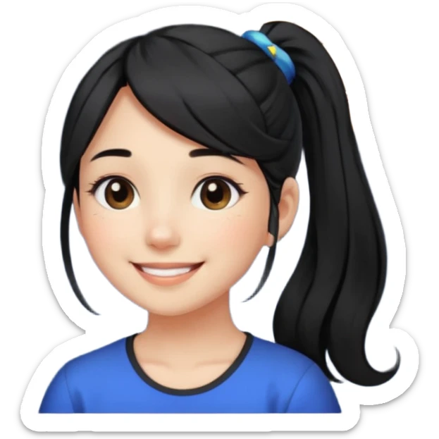 An Emoji of girl with black ponytail hair, who can be described by three words: sun, moo, star sticker
