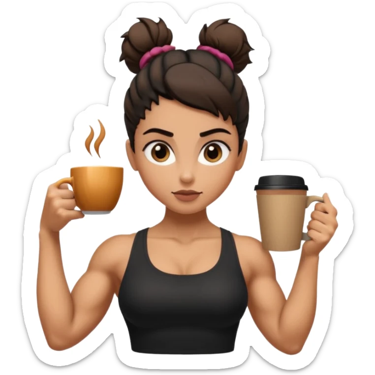 Caramel skinned toned female with black messy bun and coffee colored almond shaped eyes; flexing muscular toned biceps sticker
