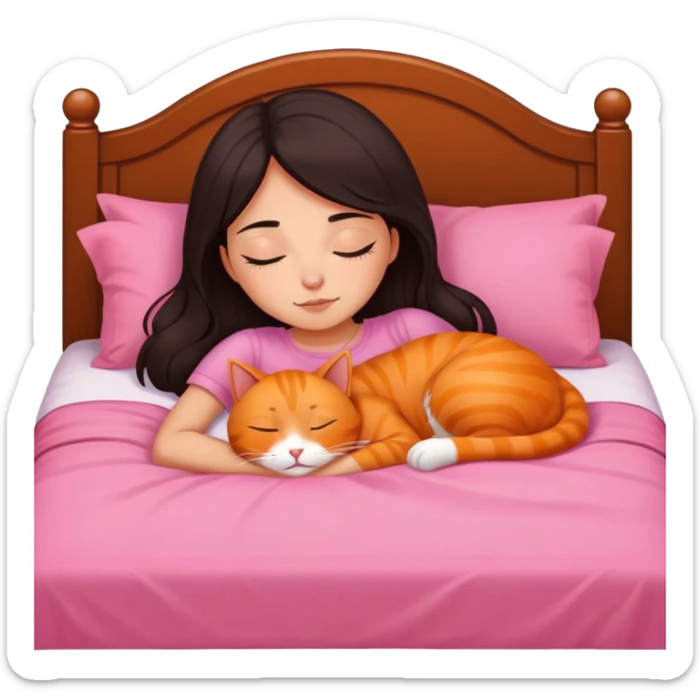Girl with honey skin and thigh length dark blackish brown hair sleeping in a bed with a pink bed set next to her orange cat sticker